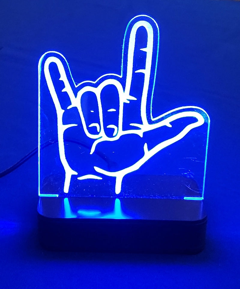 Luminária de mesa com Led e desenho I LOVE YOU em ASL